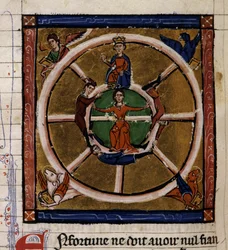 Alexander III Den Store (356-323 f.Kr.), der sidder på Lykkehjulet, omgiver Tetramorfen. Miniature af manuskriptet "Histoire ancienne à la Cesar", omkring 1260-1270 skrevet af en kontorist i tjeneste ved hoffet til Roger IV, Chatelain af Lille (120)