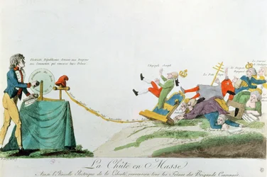 Alle falder ned, elektriciteten genereret af erklæringen om menneskets rettigheder under den franske revolution vælter Europas troner og monarker, ca. 1793