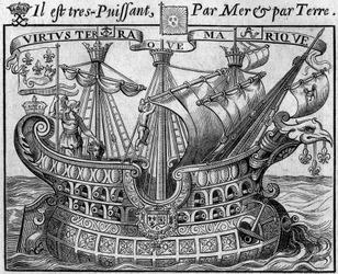 Allegori om fransk magt: "Statens skib", symbol på Frankrig, minder også om våben i byen Paris. Uddrag fra "Livre des monnoyes etrangeres ou le grand banker de France" (1687) af Francois Barreme (1638-1703), fransk matematiker. Eng