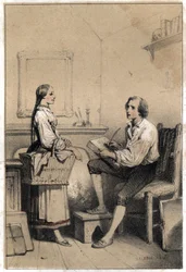 Alois Senefelder (eller Aloysius eller Aloys) eller Johann Nepomuk Franz Aloys (1771-1834), en tjekkisk digter og gravør, forbliver uden et ark papir i et øjeblik af vrede og fortvivlelse, der fik ham til at kaste alt i flammerne, skrev notat af vasketøjet