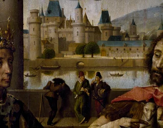 Altertavle af parlamentet i Paris, detalje af Louvre og Seinen