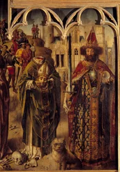 Altertavle af parlamentet i Paris: detalje af den højre del, der repræsenterer den kristne martyr Saint Denis af Paris (3. århundrede) er halshugget og holder hans hoved i hænderne, ved siden af ham kejser Karl den Store (742-814) som en byzantinsk kejser.