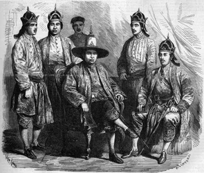 Ambassadører fra Siam (Thailand) under deres besøg i Paris i 1858. Indgravering i "" Le Monde Illustré"" nr. 49 af 20. marts 1858.
