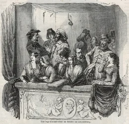 En avant-scene lodge ved Luxembourg teater i Paris i det 19. århundrede Gravering i "" Tableau-de-Paris"" af Edmond Texier 1852