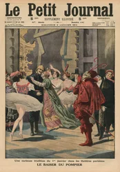 En sær tradition den 1. januar i de parisiske teatre, »Brandmandens kys«, forsideillustration fra Le Petit Journal, illustreret tillæg, 4. januar 1914