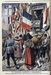 En gammel fransk soldat i det tyskbesatte Strasbourg har tilladelse til at vise det franske flag - "Le Petit Journal" 20. september 1908 (gravering)