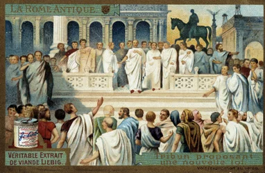 Det antikke Rom: Tribunen foreslår en ny lov - Liebig Chromolithography, v.1900
