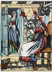 Anonym illustration til "La belle au bois dormant", fortælling af Charles Perrault (1628-1703), fransk forfatter. Træstik af Imaging Pellerin - Epinal, sd. Slutningen af det 19. århundrede.