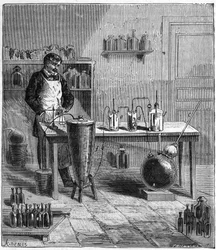 Apparat af Eugene SOUBEIRAN (1797-1858) til fremstilling af bagepulver - Indgravering i "" Videnskaber bragt til alles nåde - Populær fysik og kemi"" af Alexis Clerc - Slutningen af det 19. århundrede - Privat samling