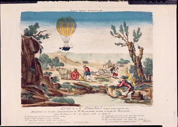 Udseendet af Jean Pierre Blanchards varmluftsballon (1753-1809) mellem Calais og Boulogne, 1785