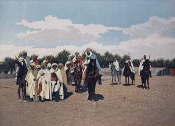 Arabiske fanger: En konvoj af arabiske fanger føres foran Aghaen under eskorte af dairos kommanderet af en spahi- i "Military Album" - Spahis