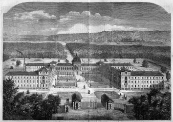 Arkitektur; generel visning af det kejserlige asyl for rekonvalescentarbejdere i Vesinet, bygget efter arkitekten Eugene Lavals (1818-1869) planer og indviet i 1859. Indgravering i "" Le Monde Illustré"" nr. 77 af 2. oktober 1858.