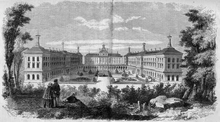 Arkitektur: overblik over militærhospitalet i Vincennes (1858). Indgravering i "" Le Monde Illustré"" nr. 61 af 12. juni 1858.