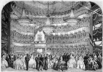 Arkitektur: Indvendig visning af Det Kongelige Teater (1800-tallet) i Nice (Alpes Maritimes, 06), i 1858, under velgørenhedsbal givet af Societe francaise d