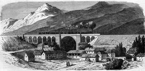 Arkitektur: udsigt over Bellegarde-viadukten (Rhone Alpes) på jernbanelinjen, der forbinder Lyon med Genève. 1858. Indgravering i "" Le Monde Illustré"" nr. 49 af 20. marts 1858.