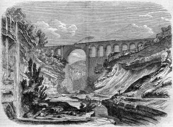 Arkitektur: udsigt over Valserine-viadukten (Rhone Alpes) på jernbanelinjen, der forbinder Lyon med Genève. 1858. Indgravering i "" Le Monde Illustré"" nr. 48 af 13. marts 1858.