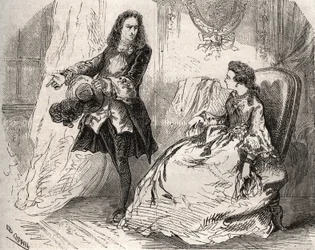 Armande Béjart (1641-1700), hustru til Jean-Baptiste Poquelin, kaldet Molière (1622-1673), med sin elsker, greven af Guiche. Stik fra 1871 i «Histoire des Cocus Célèbres» af Henry de Kock (1819-1892).