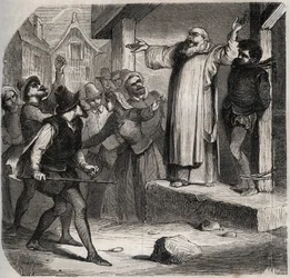 Arnaud du Tilh (Thil) er knyttet til en galge og udsat for fornærmelser fra mængden før hans henrettelse for at tilrane sig Martin Guerres identitet (ca. 1524 omkring 1560). Indgravering fra 1871 i "Histoire Des Cocuses Celebres"" af Henry de Kock (181)