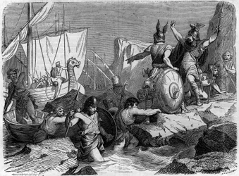 Normannernes ankomst til den franske kyst i middelalderen. Indgravering i "Histoire des papes-kings-queens-et-empereurs a travers les centuries"" af Maurice Lachatre