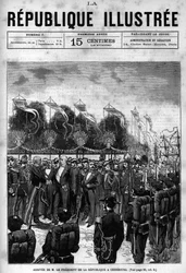 Ankomst af republikkens præsident Jules Grevy (1807-1891) til Cherbourg-festlighederne. En avis. Indgravering fra 1880 i "La republique illustree"" privatsamling.