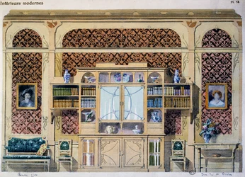 Bibliotek i art nouveau-stil, illustration fra magasinet Interieurs Modernes (Modern Interiors)