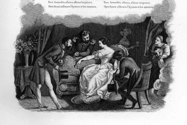 Asmodee. En smuk ung kvinde i en stue bejlet af tre prætentanter inklusive en dandy og en soldat. Indgravering i "" Chants et chansons populaire de la France", Tome 2
