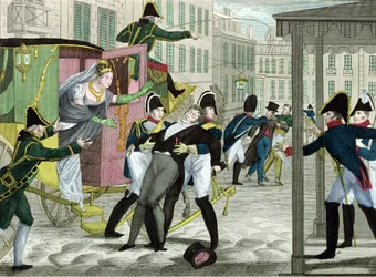 Mordet på Charles-Ferdinand af Frankrig (1778-1820), hertug af Berry, begået af Louis Louvel, foran operahuset i Rue de Richelieu