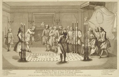 Frimurerforsamling før indvielsen af en mester, fra Religionens og skikkens ceremonier, ca. 1733