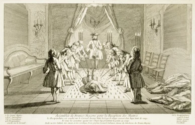 Frimurerforsamling til indvielse af en mester, fra Religionens og skikkens ceremonier, ca. 1733