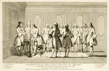 Frimurerforsamling for at indvie en lærling, fra Religionens og skikkens ceremonier, ca. 1733