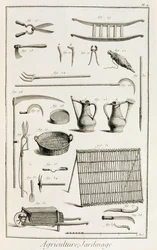 Sortiment af haveredskaber fra Encyclopedie des Sciences et Metiers af Denis Diderot (1713-84) udgivet ca. 1770