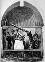 Astronomi: Fransk astronomisk ramme transporteret til Yokohama (Japan) for at observere planeten Venus passere forbi Solen. Indgravering i "" Le Monde Illustré"" nr. 904 af 8. august 1874.