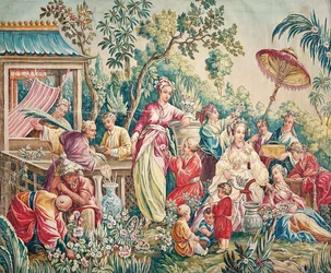 Aubusson tegneserie til et vægophæng af figurer i en orientalsk have