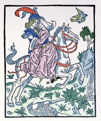 Aucassin og Nicolette på en hest, fra det tidlige 13. århundredes chantifable Aucassin et Nicolette