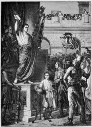 Augustus (Octavian eller Octavian) (63 f.Kr. - 14 e.Kr.) præsenterer forfatningen for de deputerede i de tre provinser i det keltiske Gallien samlet i Lyon (år 10 e.Kr.) - i "Frankrig og franskmændene gennem århundrederne""