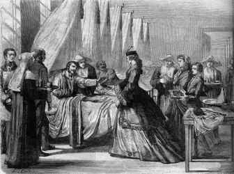 Østrig-preussiske krig (1866): Kejserinde Elisabeth af Østrig (Sissi) (1837-1898) besøger sårede soldater i Wien. Indgravering i "" Le Monde Illustré"" nr. 486 af 4. august