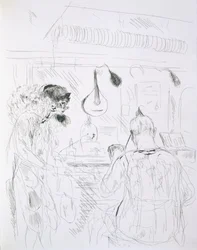 Scene bag scenen ved et Paris Bal de Nuit eller cirkus, fra Paris Sketches: Etchings by Forain and Raffaelli, 1880