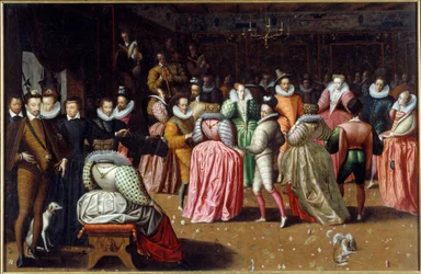 Bal ved hoffet af kong Henrik III og dronning Catherine de Medicis (Caterina de Medici) kendt som hertugen af Alencons bal. Hertugerne er repræsenteret til venstre, inklusive dronning Margot (Margarita af Navarra eller Valois (1553-1615). Maleri af F