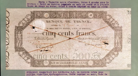 Seddel på 500 francs fra Årets 24. Germinal XI, 1806 (blæk på papir)