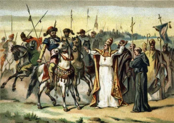 Barbariske invasioner - Attila og Saint Leon I den Store (440-461): barbaren Attila, leder af hunnerne, møder pave Saint Leon den Store, som formåede at overbevise ham om at skåne Italien. Kromolitografi i slutningen af det 19. århundrede