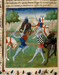 Kamp mellem ridderen Palamede og Artus (eller Arthur) den lille miniature taget fra manuskriptet "The novel of Tristan" rettet til mesteren Charlkes fra Maine