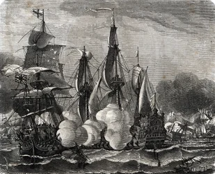 ”Battle of Bantry Bay Naval Engagement kæmpede den 11. maj 1689, en uge før erklæringen om de ni års krig (Battle of Bantry Bay Naval Engagement kæmpede den 11. maj 1689, en uge før erklæringen om den ni års krig) gravering Fra Lahure “Po
