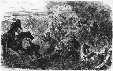 Slaget ved Coutras i 1587, vundet af Henri de Navarre, fremtidige Henrik IV. I ""Popular History of France"", nd. ca. 1885. Stik.