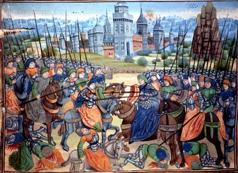 Slaget mellem korsfarerne og de hedenske tropper nær byen Aleppo, ca. 1464 (manuskript)