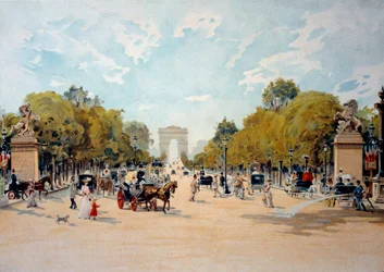 Belle Epoque: udsigt over Avenue des Champs Elysees og Triumfbuen i Paris. Anonym akvarel fra 1895. Paris, Dekorativ kunst