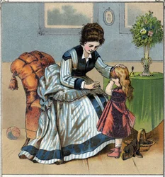 Berthe græder, fordi hun lige har stukket sin finger, mens hun syede. Hendes mor skælder hende ud, fordi hun har glemt at bruge syningen. Kromolitografi taget fra "Scenes enfantines"". udgivet af Guerin - Muller omkring 1885.