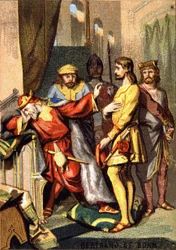 Bertran (Bertrand) de Born (1140 - 1215) troubadour perigordin, herre over Hautefort, før Henrik II (1133 - 1189) af England. Chromolithography of the Series "" Patriotic Education through Image "".