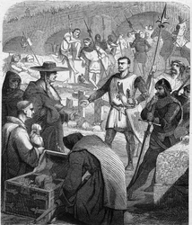 Bertrand du Guesclin (Duguesclin) (v.1320-1380) fra Frankrig, der nægter at modtage penge fra indbyggerne i Avignon. Indgravering i "" Histoire De France En Cent malerier af Paul Lehugeur "" 1891.