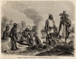 Smed har arbejdet i Fouta Djalon (Senegal), tegning af Hadamard, for at illustrere løjtnant Lamberts rejse til Fouta Djalon i 1860. Indgravering i "" Le tour du monde"" 1861. Selvas samling.