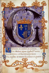 Blazon af Dronning Claude af Frankrig (1499-1524), kone til Francois I. Miniature fra et manuskript fra det 16. århundrede. Chantilly, Conde Museum